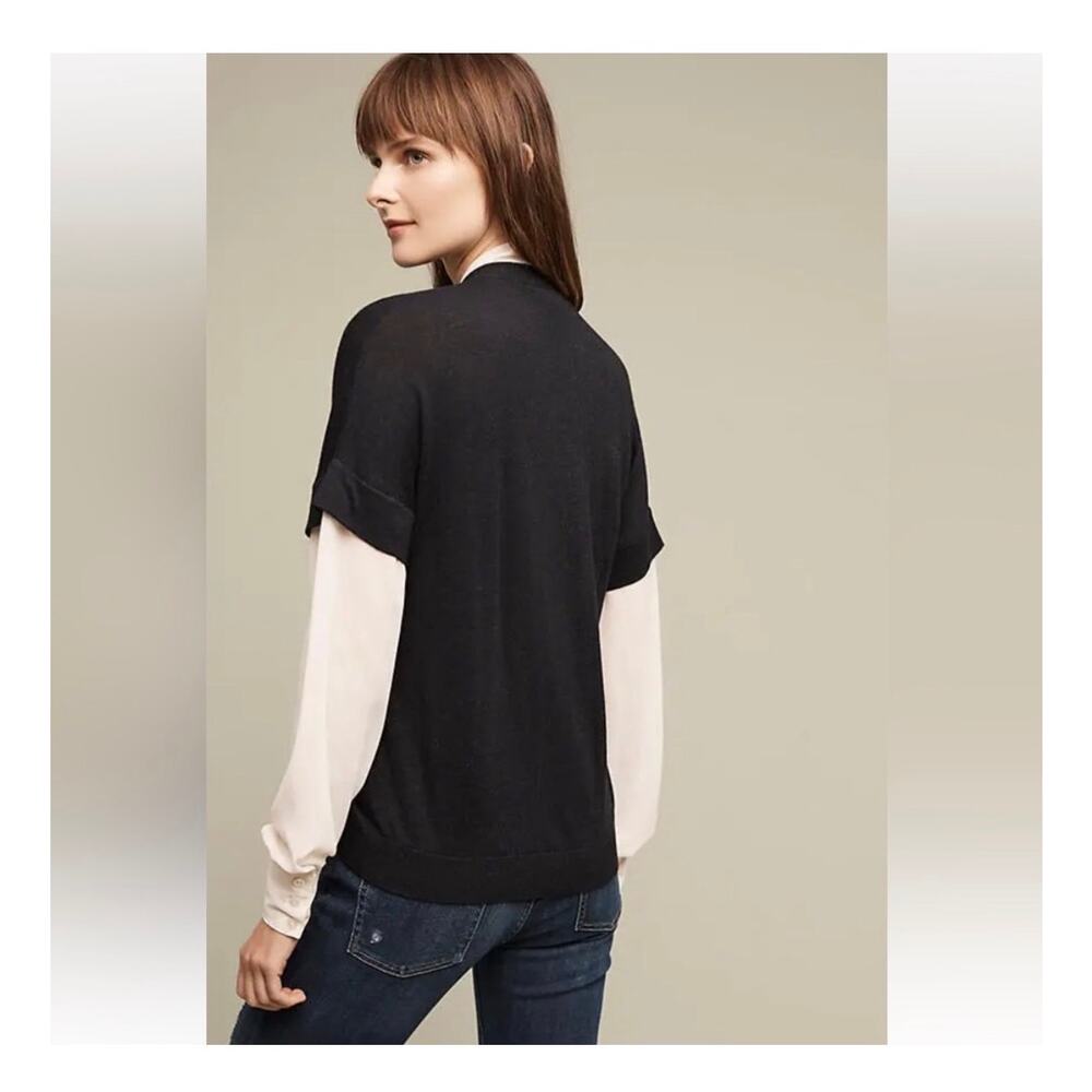 Anthropologie Navy/Cream Layered Tie Neck Sweater Blouse Twee Dark Academia - Picture 2 of 8